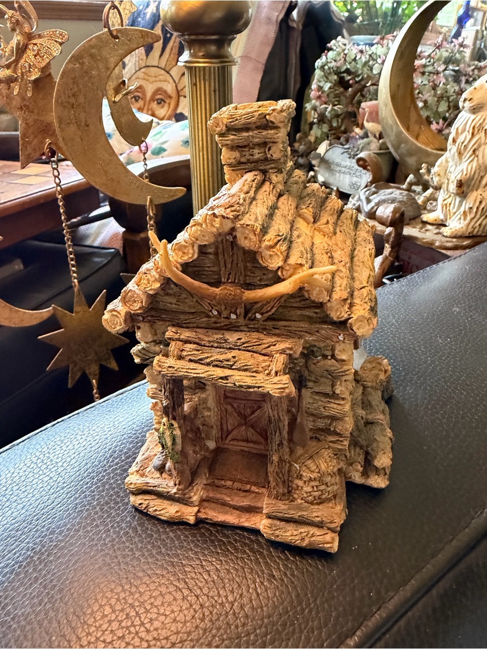 Vintage "log cabin" rustic figurine With Longhorn Skull Horn Above Door